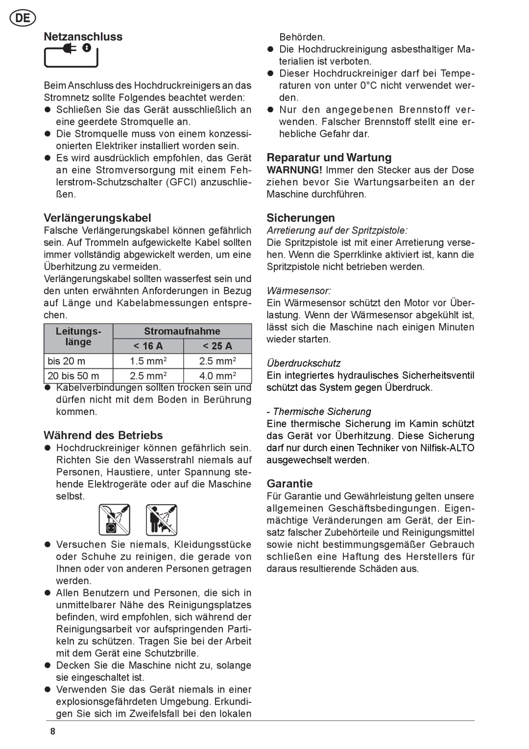 Nilfisk-ALTO NEPTUNE 2 quick start Verlängerungskabel, Während des Betriebs, Garantie, Stromaufnahme 