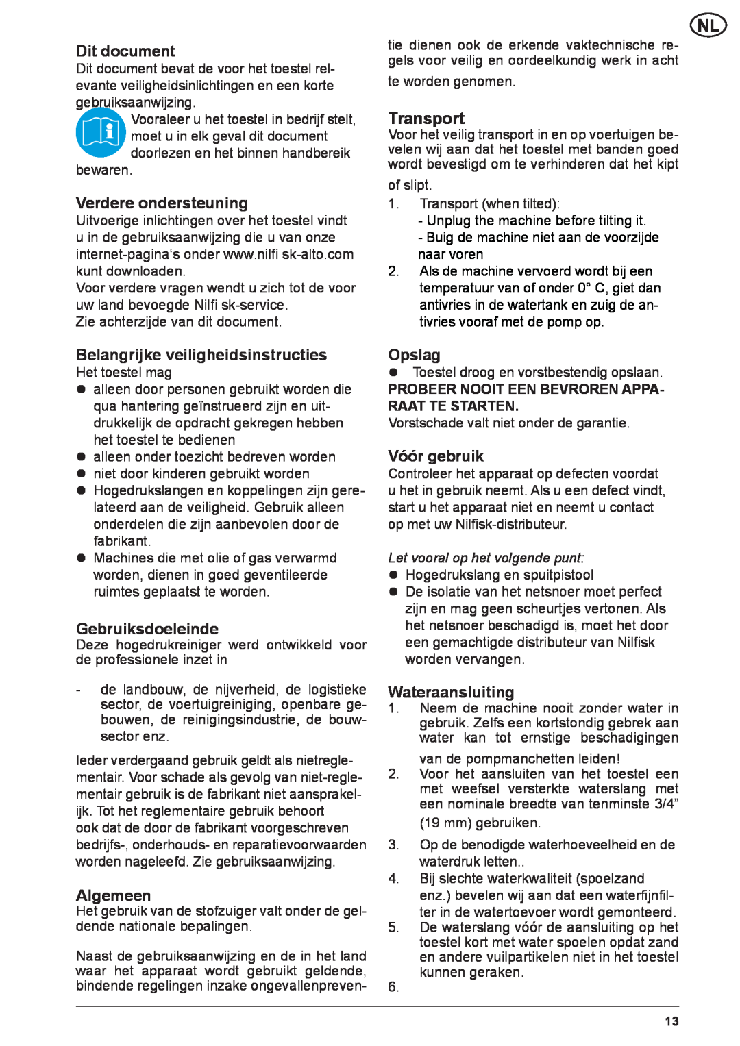 Nilfisk-ALTO NEPTUNE 2 Dit document, Verdere ondersteuning, Belangrijke veiligheidsinstructies, Gebruiksdoeleinde, Opslag 