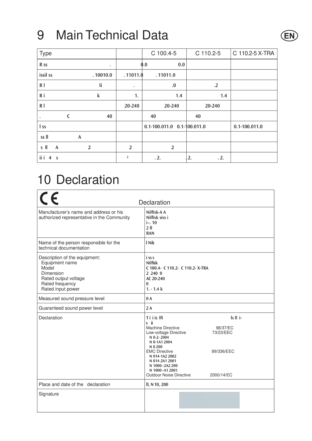 Nilfisk-ALTO C 110.2 X-TRA, Nilfisk C 100.4 user manual Main Technical Data, Declaration, Tra 