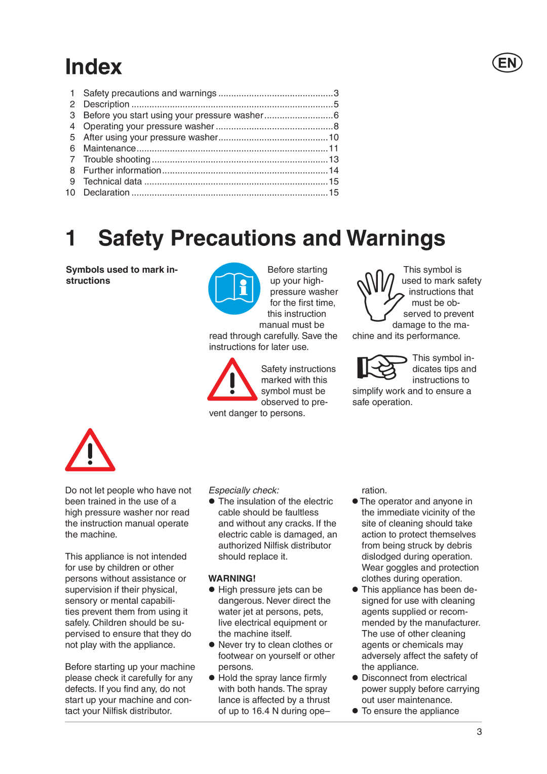 Nilfisk-ALTO C 110.2 X-TRA, Nilfisk C 100.4 Index, Safety Precautions and Warnings, Symbols used to mark, Structions 