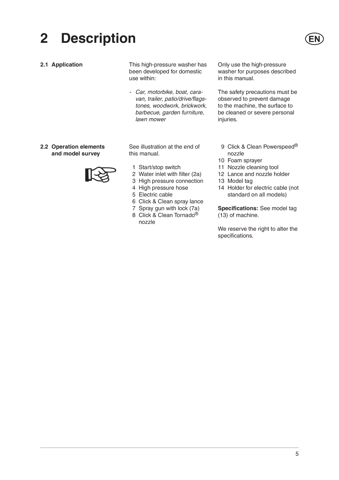 Nilfisk-ALTO C 110.2 X-TRA, Nilfisk C 100.4 user manual Description, Application, Operation elements, Model survey 