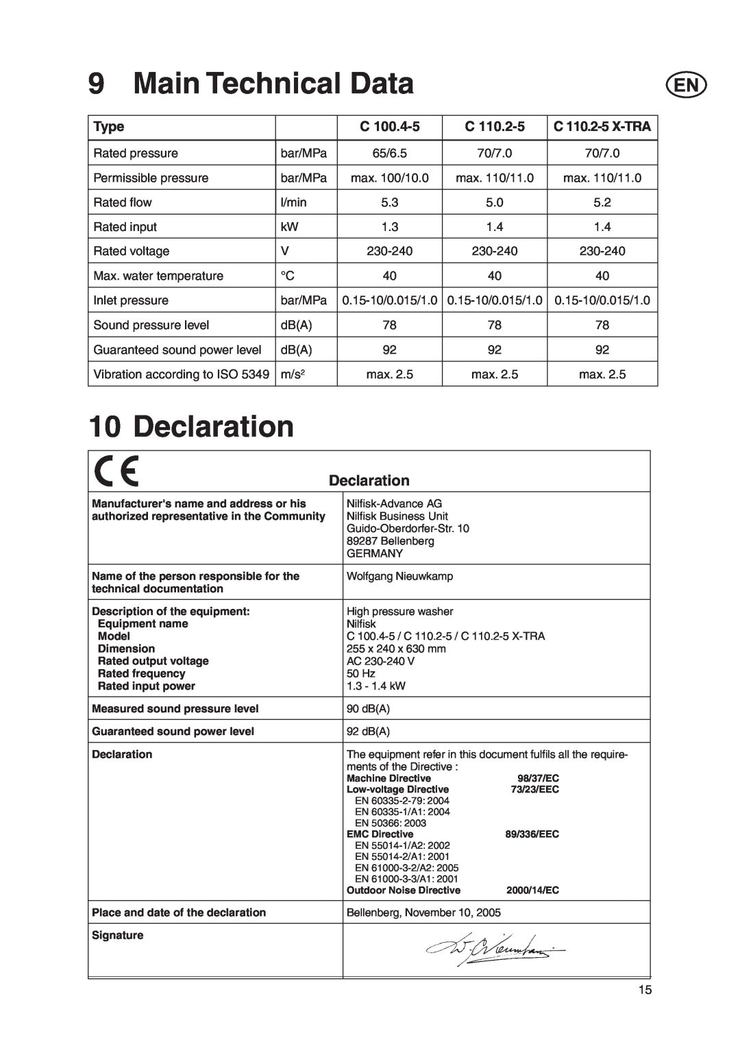 Nilfisk-ALTO C 110.2 X-TRA, Nilfisk C 100.4 user manual Main Technical Data, Declaration, C 110.2-5 X-TRA, Type 