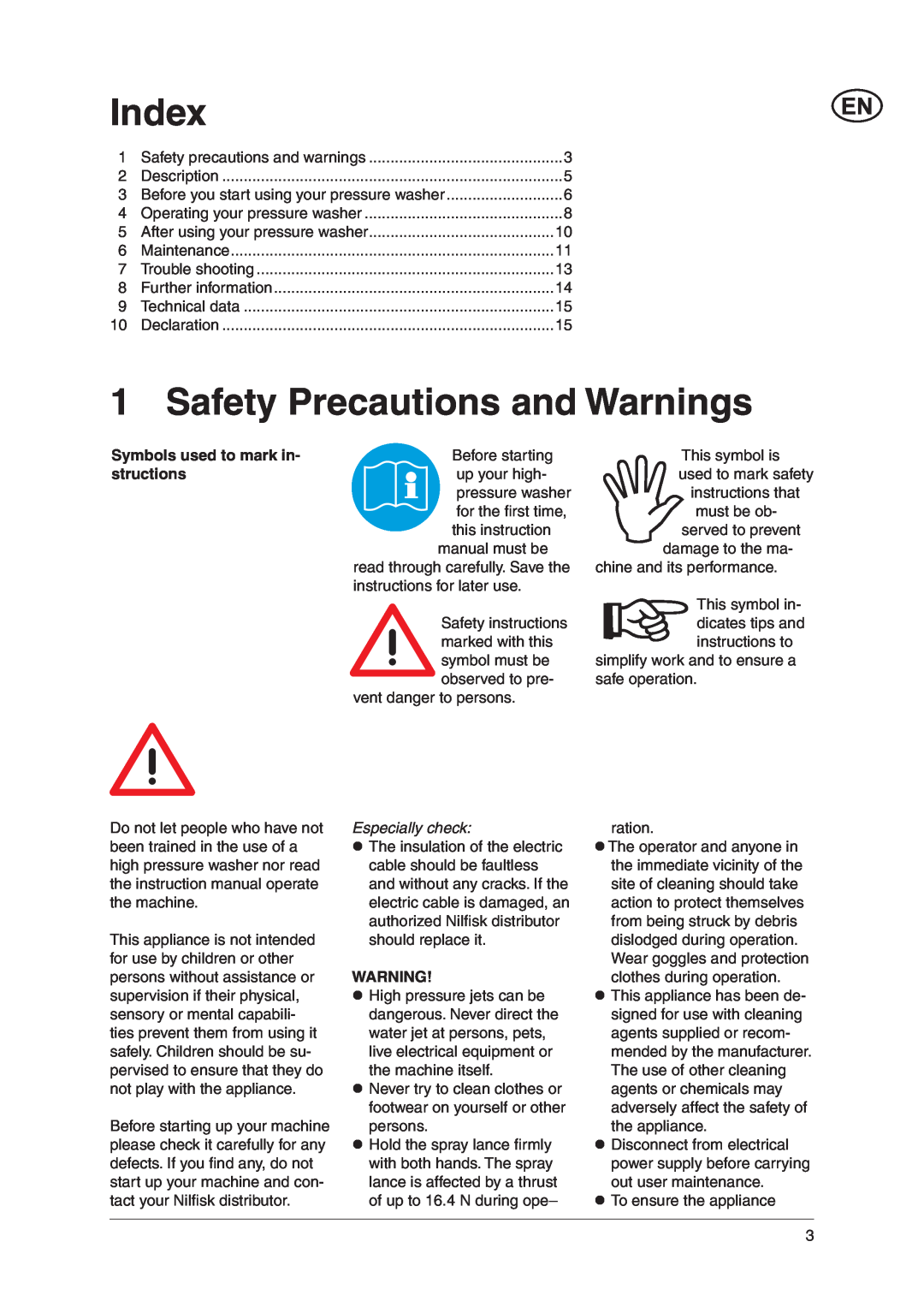 Nilfisk-ALTO C 110.2 X-TRA Index, Safety Precautions and Warnings, Symbols used to mark in, structions, Especially check 