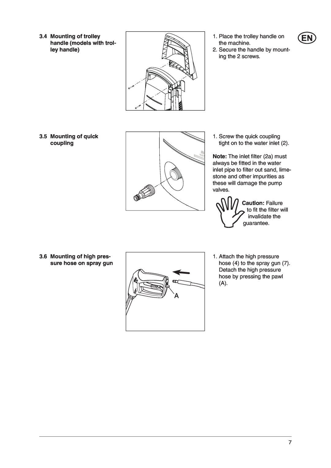 Nilfisk-ALTO C 110.2 X-TRA user manual 3.5Mounting of quick coupling, 3.6Mounting of high pres- sure hose on spray gun 