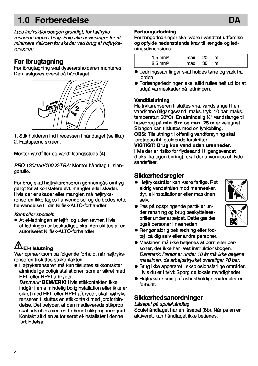 Nilfisk-ALTO P 130.1, P 150.1, P 160.1, P 160.1 X-TRA manual Forberedelse, Før ibrugtagning, Sikkerhedsregler 