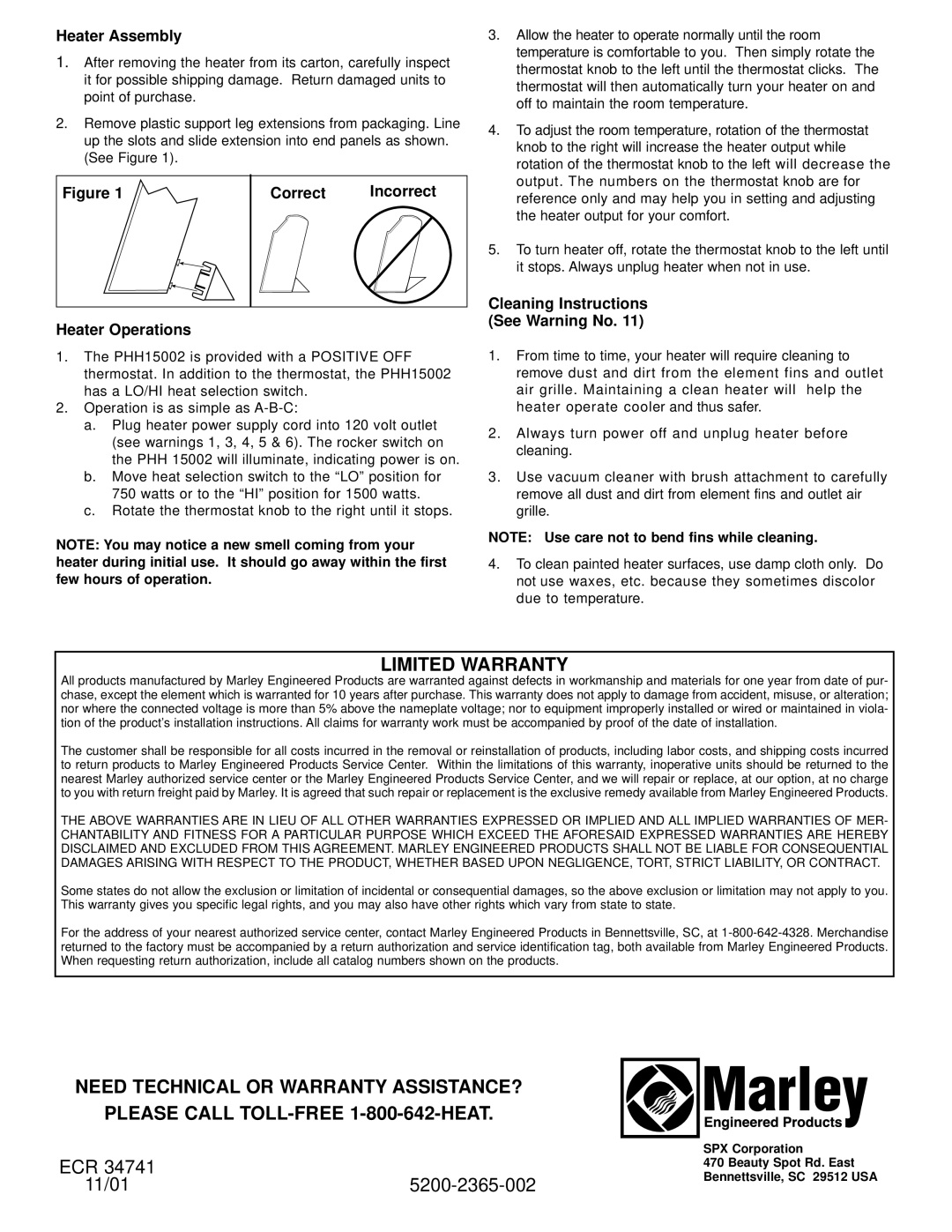 Nilfisk-ALTO PHH15002A owner manual Limited Warranty, Heater Assembly, Correct Incorrect Heater Operations 