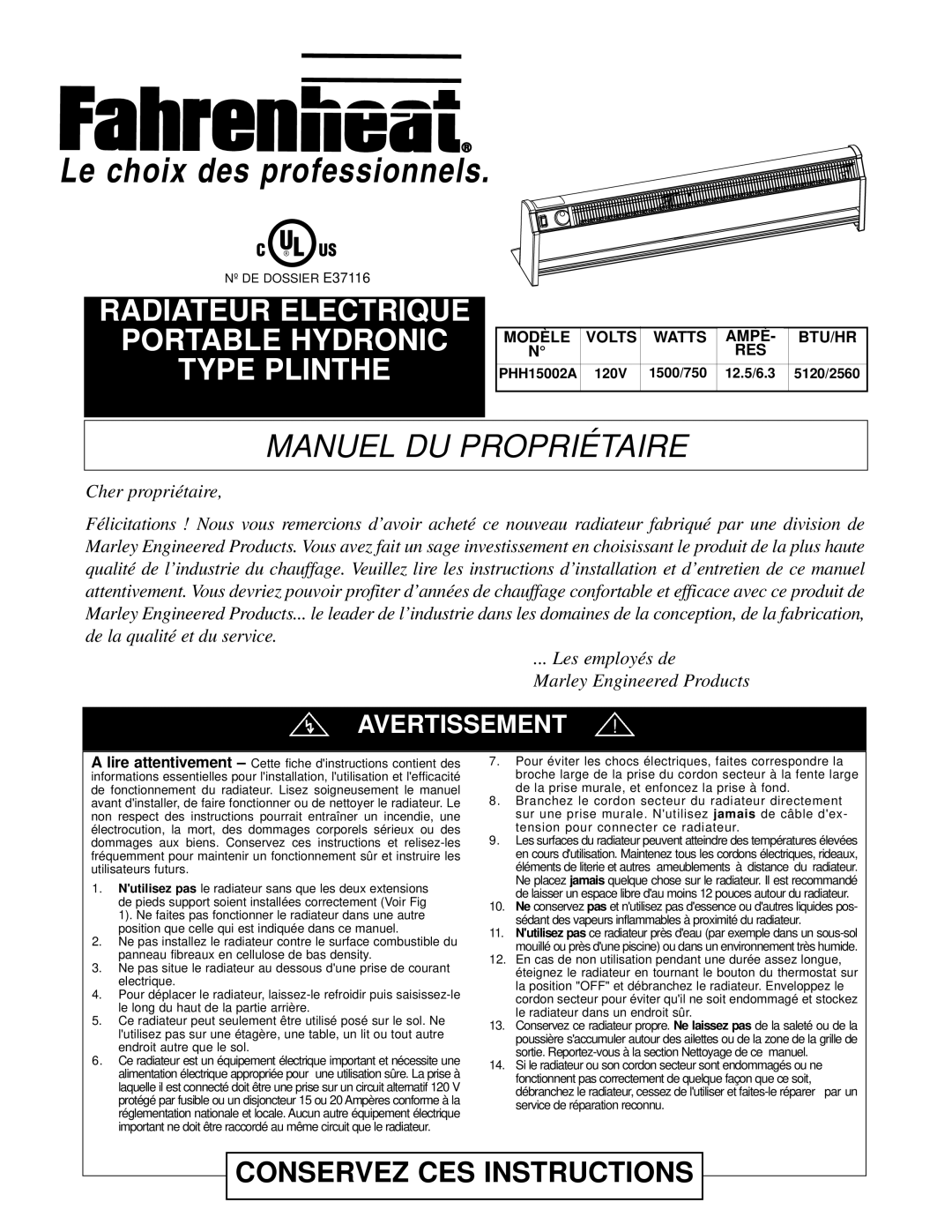 Nilfisk-ALTO PHH15002A owner manual Manuel DU Propriétaire, Avertissement 