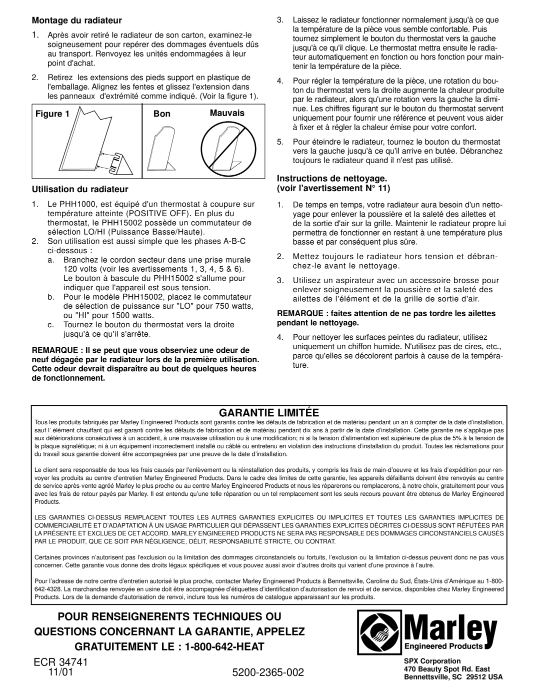 Nilfisk-ALTO PHH15002A owner manual Garantie Limité E, Montage du radiateur, Bon Mauvais Utilisation du radiateur 