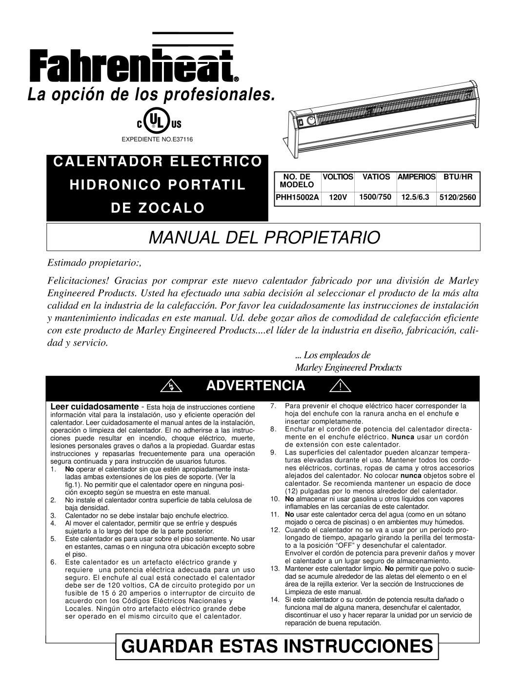 Nilfisk-ALTO PHH15002A Manual Del Propietario, H I D R O N I C O P O R Tat I L D E Z O C A L O, Advertencia, Voltios, 120V 