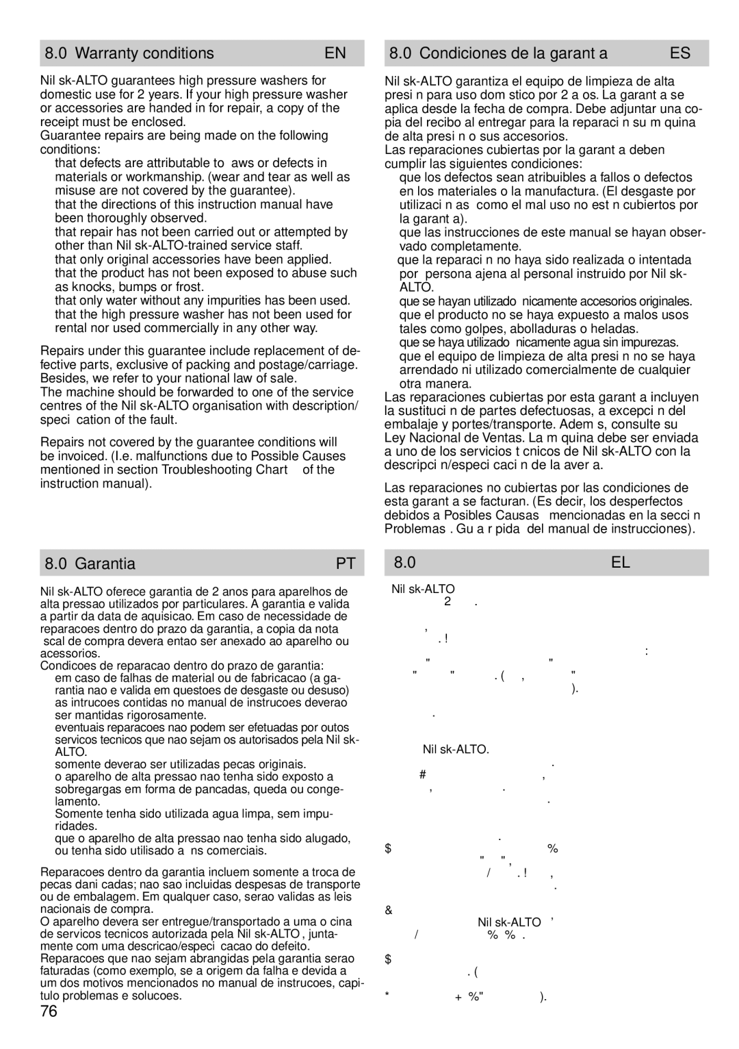 Nilfisk-ALTO POSEIDON 2-21 instruction manual Warranty conditions Condiciones de la garantía, Garantia, Συνθήκες εγγύησης 