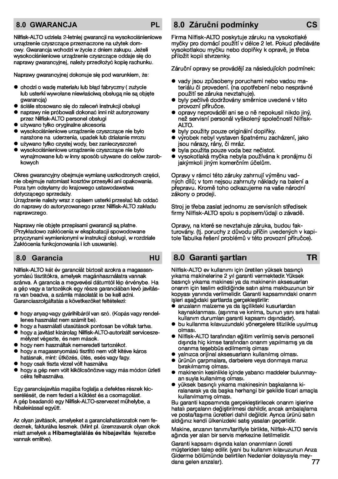 Nilfisk-ALTO POSEIDON 2-21 instruction manual Gwarancja, Garancia, 8.0 Záruční podmínky, Garanti şartları 