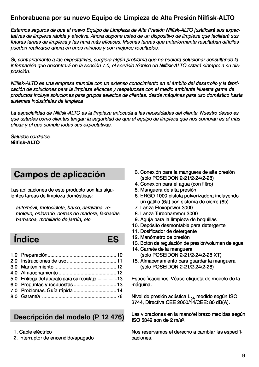 Nilfisk-ALTO POSEIDON 2-21 instruction manual Campos de aplicación, Índice, Nilﬁsk-ALTO, Descripción del modelo P 