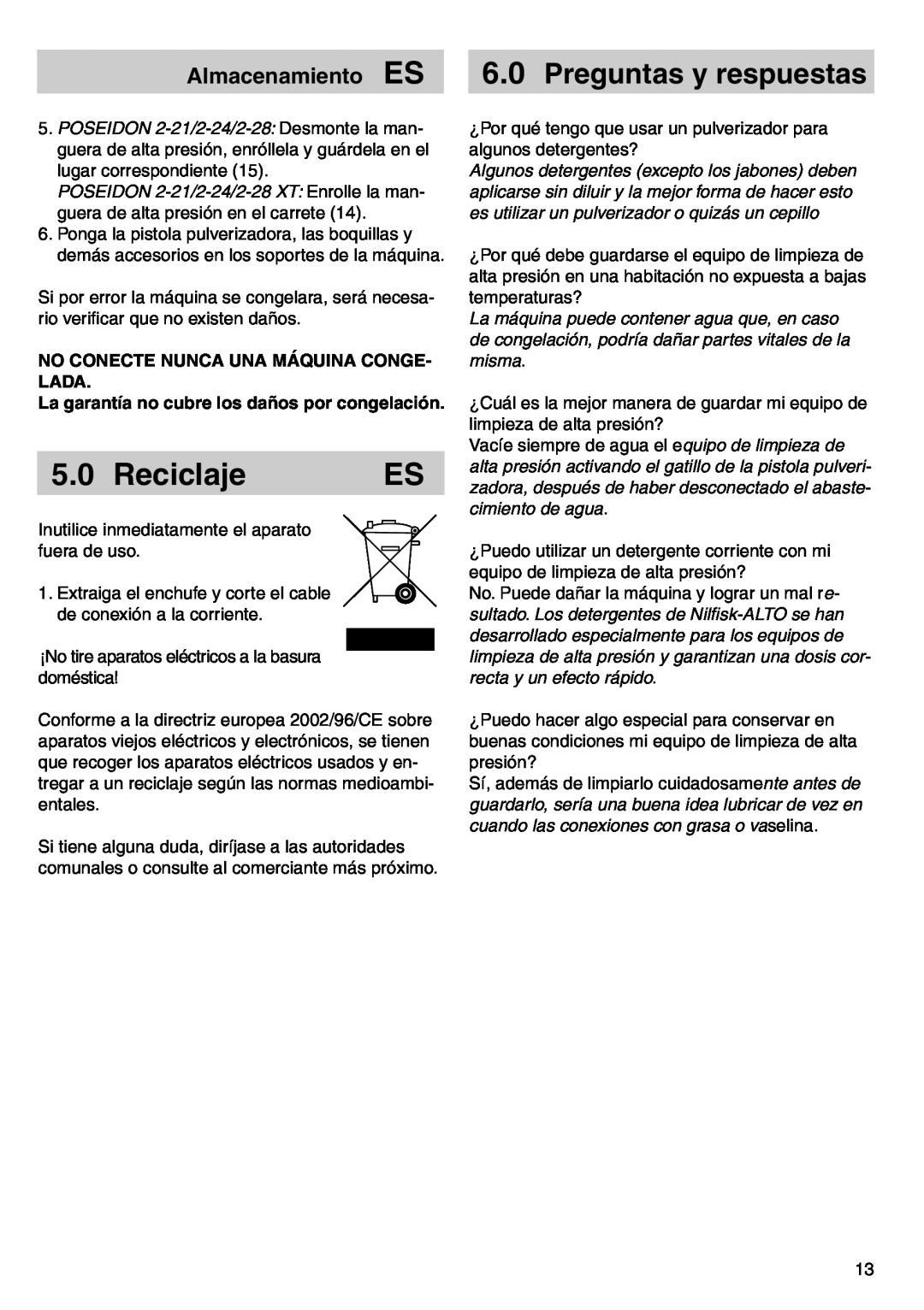 Nilfisk-ALTO POSEIDON 2-21 instruction manual Reciclaje, No Conecte Nunca Una Máquina Conge- Lada 