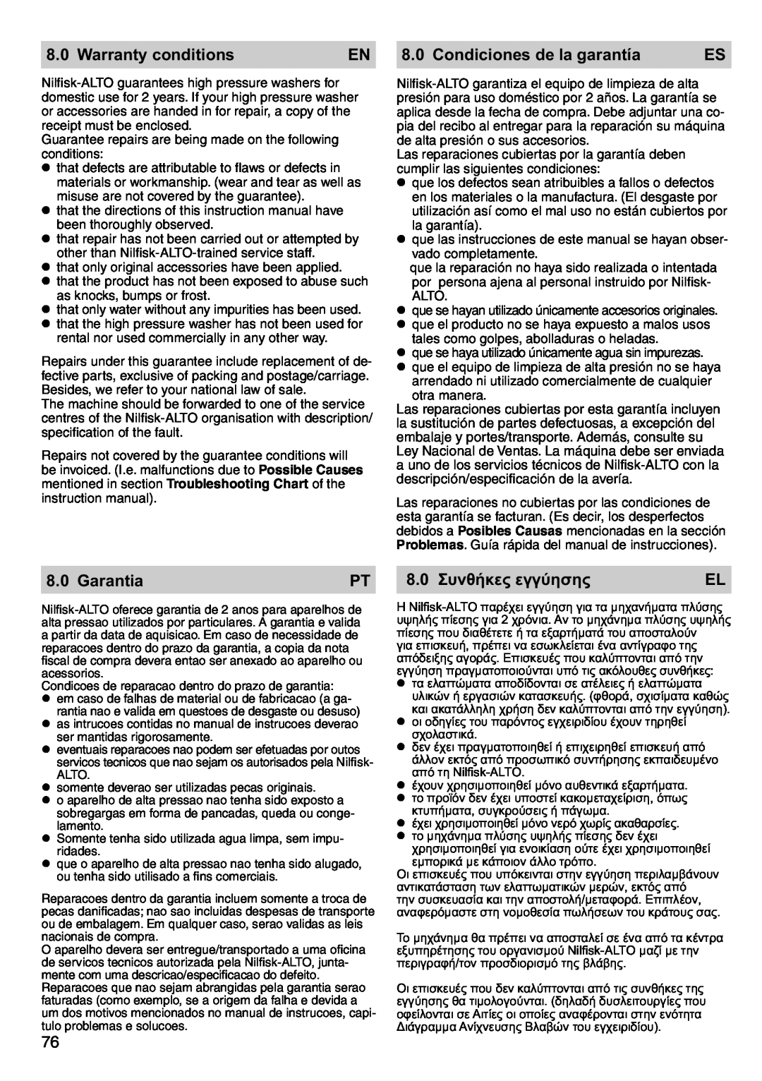 Nilfisk-ALTO POSEIDON 2-21 Warranty conditions, Condiciones de la garantía, Garantia, 8.0 Συνθήκες εγγύησης 