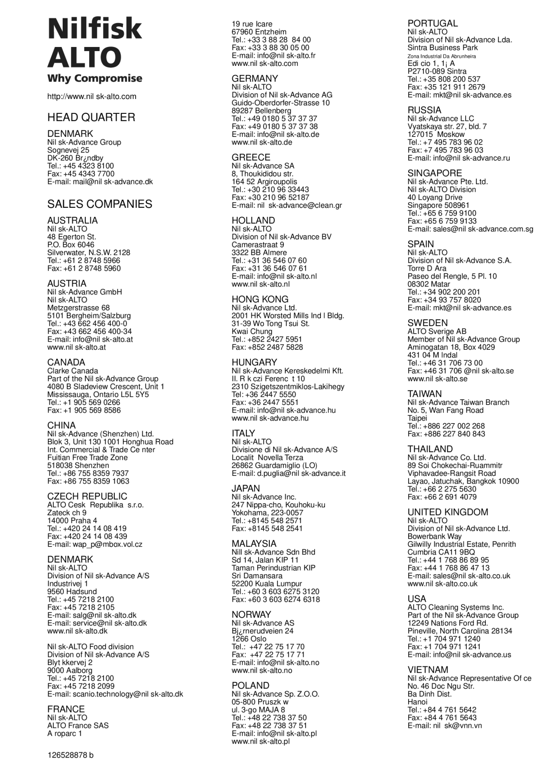 Nilfisk-ALTO 2-24 XT, POSEIDON 2-28, POSEIDON 2-24, 2-28 XT, 2-21 XT instruction manual Head Quarter 