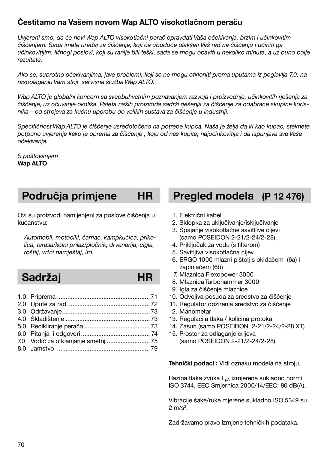 Nilfisk-ALTO 2-21 XT, POSEIDON 2-28, POSEIDON 2-24, 2-28 XT Područja primjene HR, Sadržaj, Pregled modela P 12, Wap Alto 