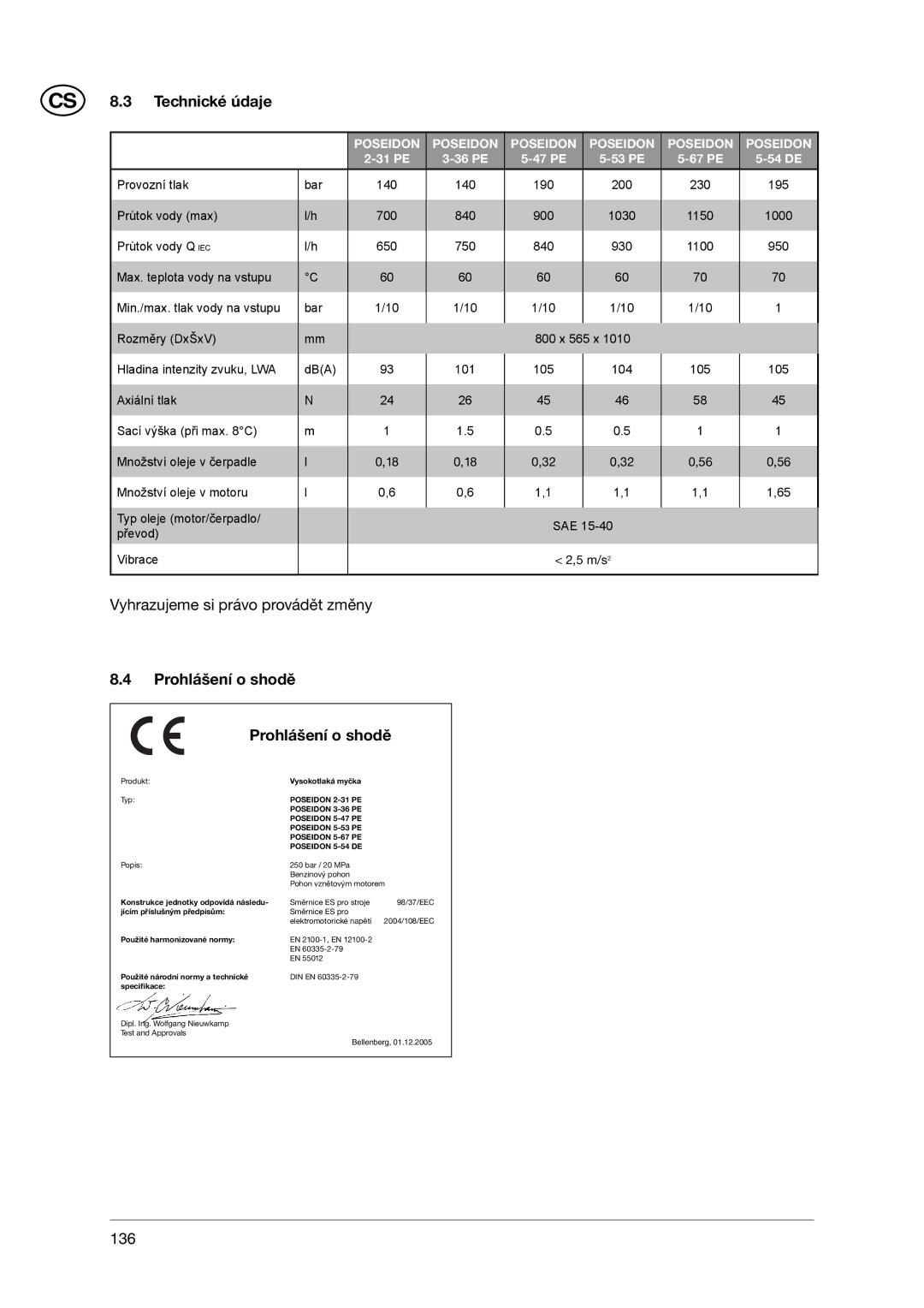 Nilfisk-ALTO POSEIDON 3-36, POSEIDON 5-47, POSEIDON 2-31 user manual Technické údaje, Prohlášení o shodě 