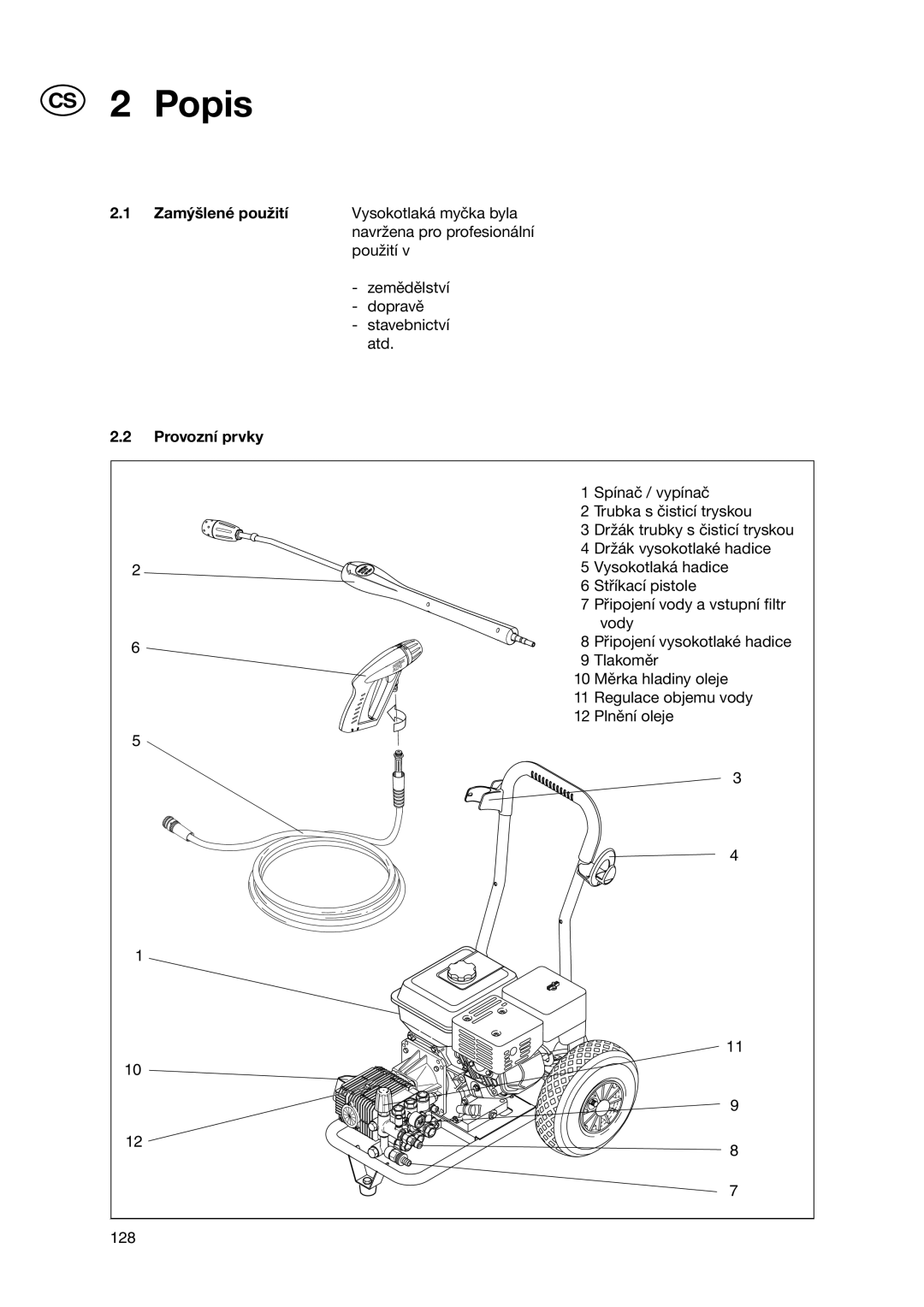 Nilfisk-ALTO POSEIDON 3-36, POSEIDON 5-47, POSEIDON 2-31 user manual CS 2 Popis, Zamýšlené použití, Provozní prvky 