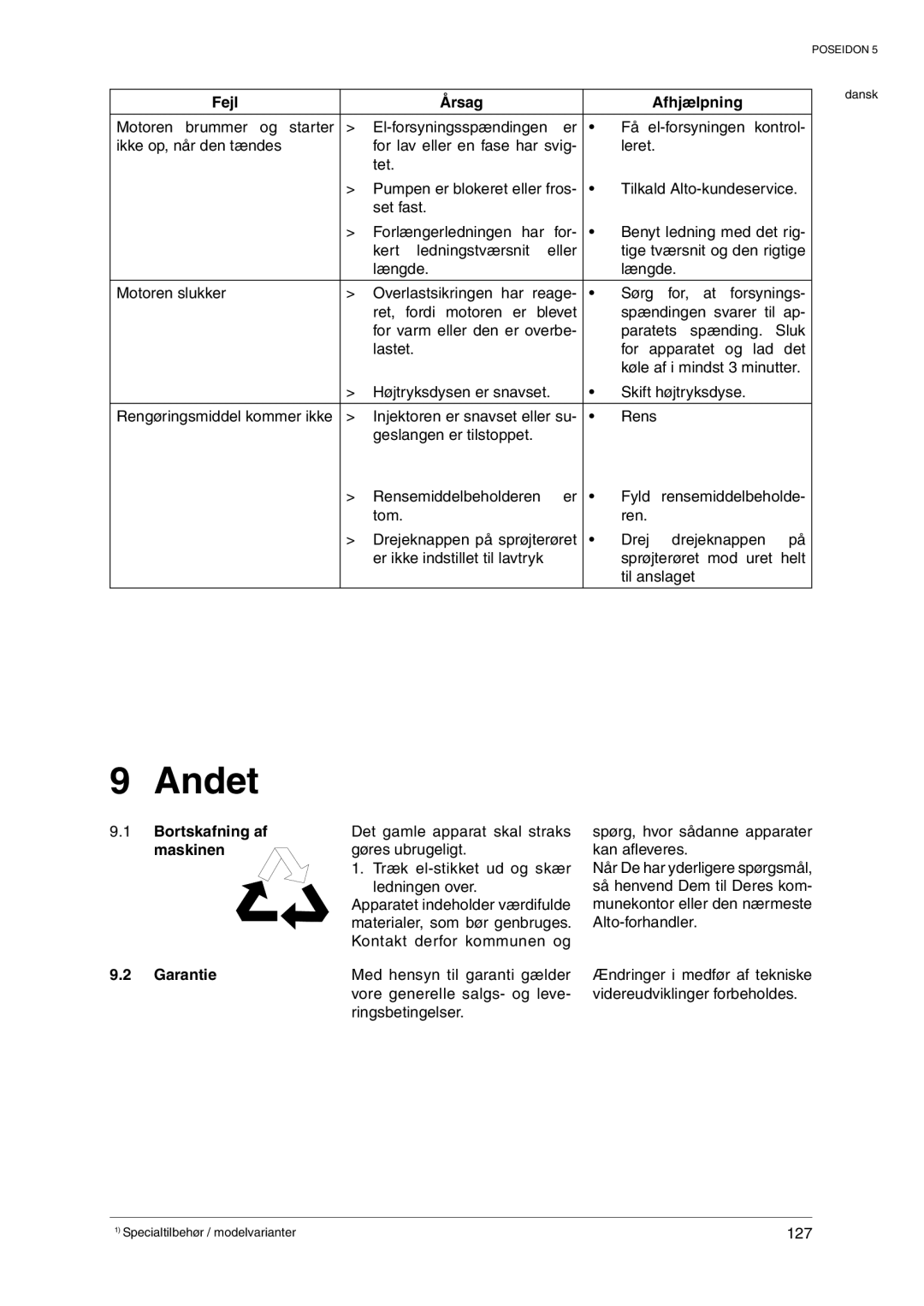 Nilfisk-ALTO POSEIDON 5 manual Ejl ¯Rsag FhjLpning,  Arantie 