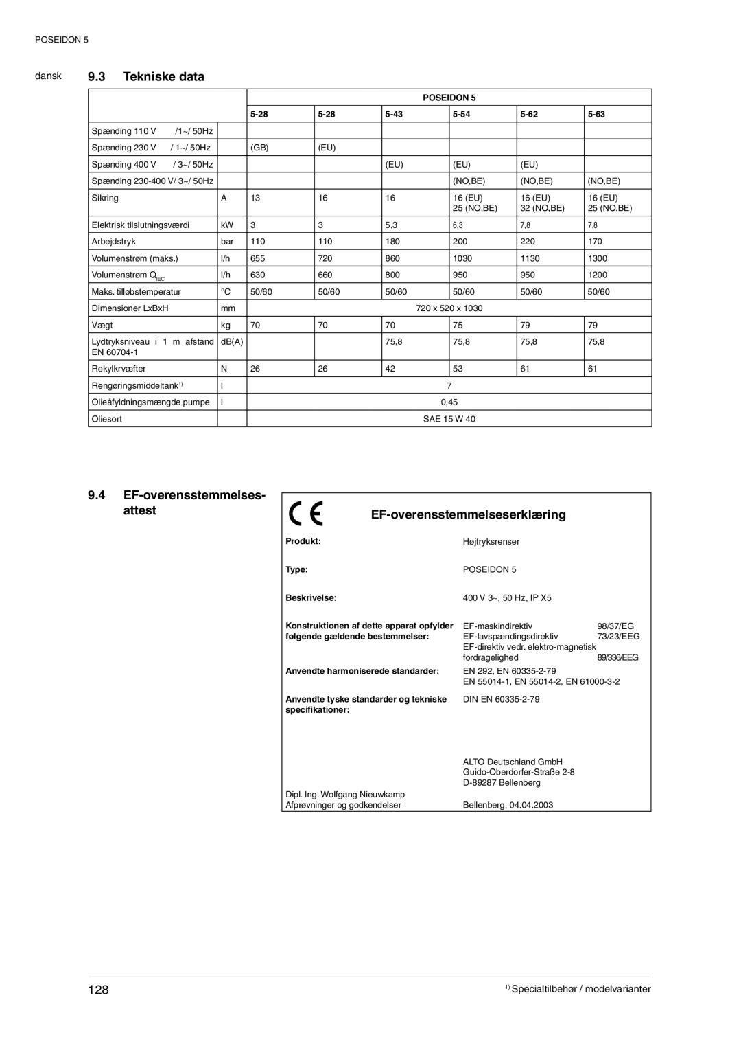 Nilfisk-ALTO POSEIDON 5 manual Attest %&OVERENSSTEMMELSESERKLRING,  4EKNISKEIDATA,  %&Overensstemmelses 