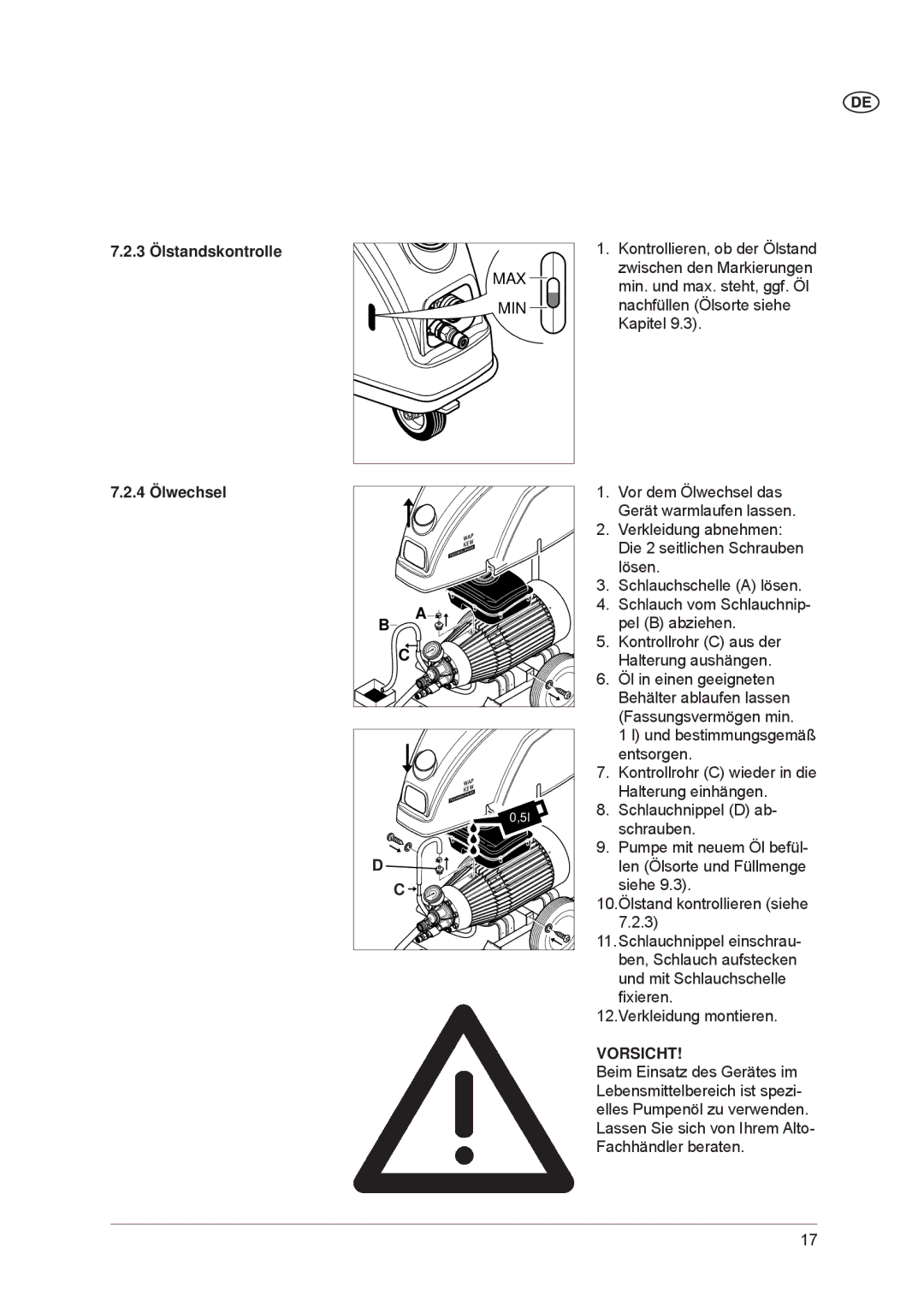 Nilfisk-ALTO POSEIDON 7-66, POSEIDON 7-52 manual 3 Ölstandskontrolle, 4 Ölwechsel 