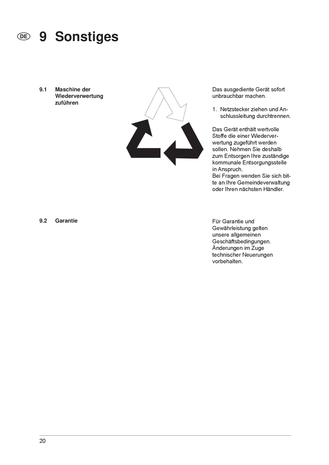 Nilfisk-ALTO POSEIDON 7-52, POSEIDON 7-66 manual Sonstiges, Maschine der Wiederverwertung zuführen Garantie 