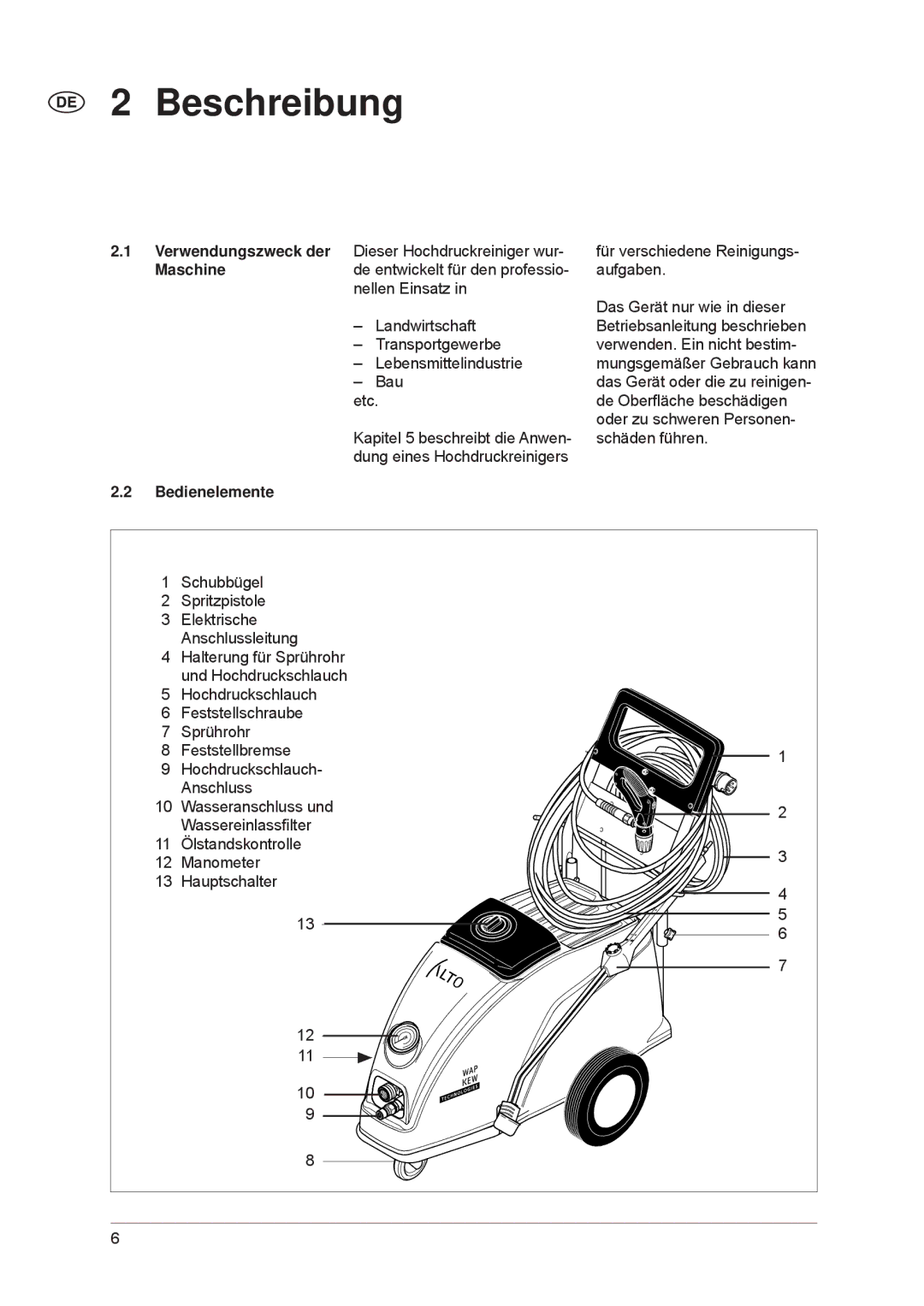 Nilfisk-ALTO POSEIDON 7-52, POSEIDON 7-66 manual Beschreibung, Verwendungszweck der, Maschine, Bedienelemente 