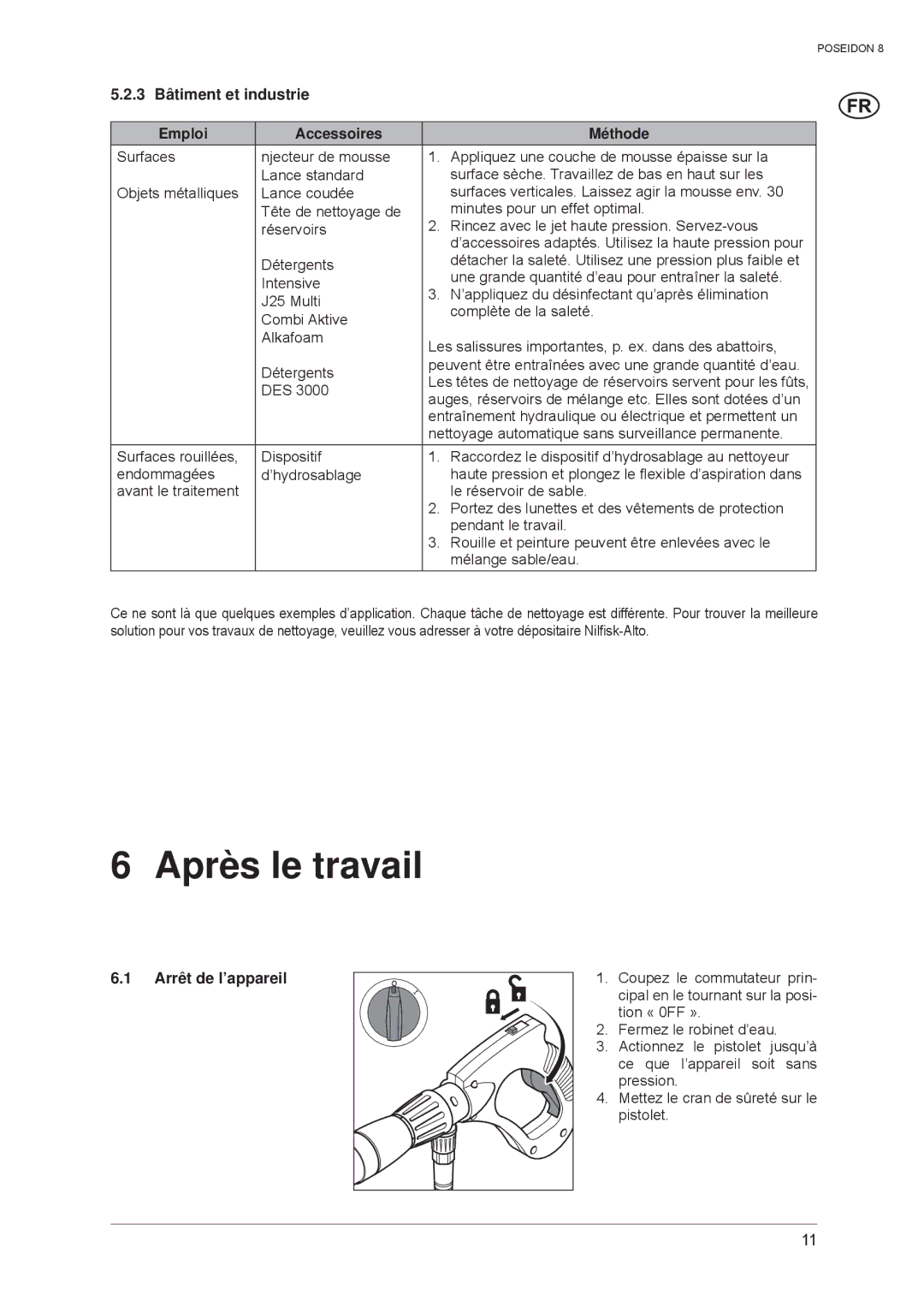 Nilfisk-ALTO POSEIDON 8 manual Après le travail, 3 Bâtiment et industrie Emploi Accessoires Méthode, Arrêt de l’appareil 