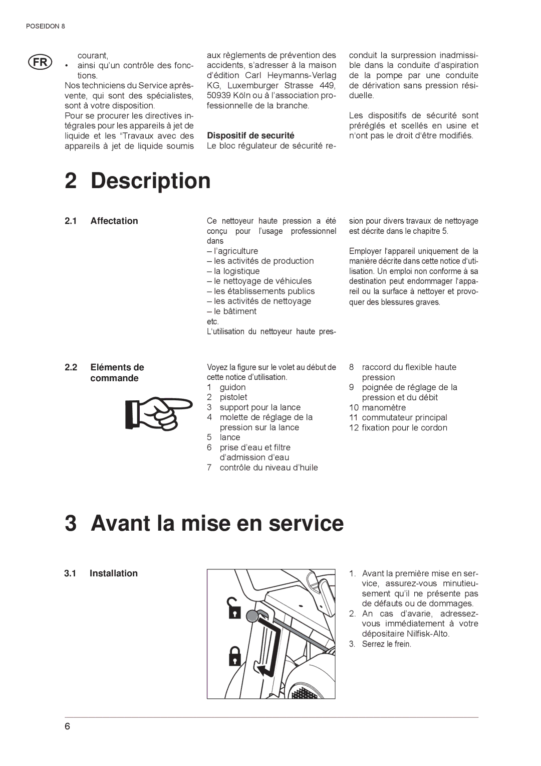 Nilfisk-ALTO POSEIDON 8 manual Description, Avant la mise en service 