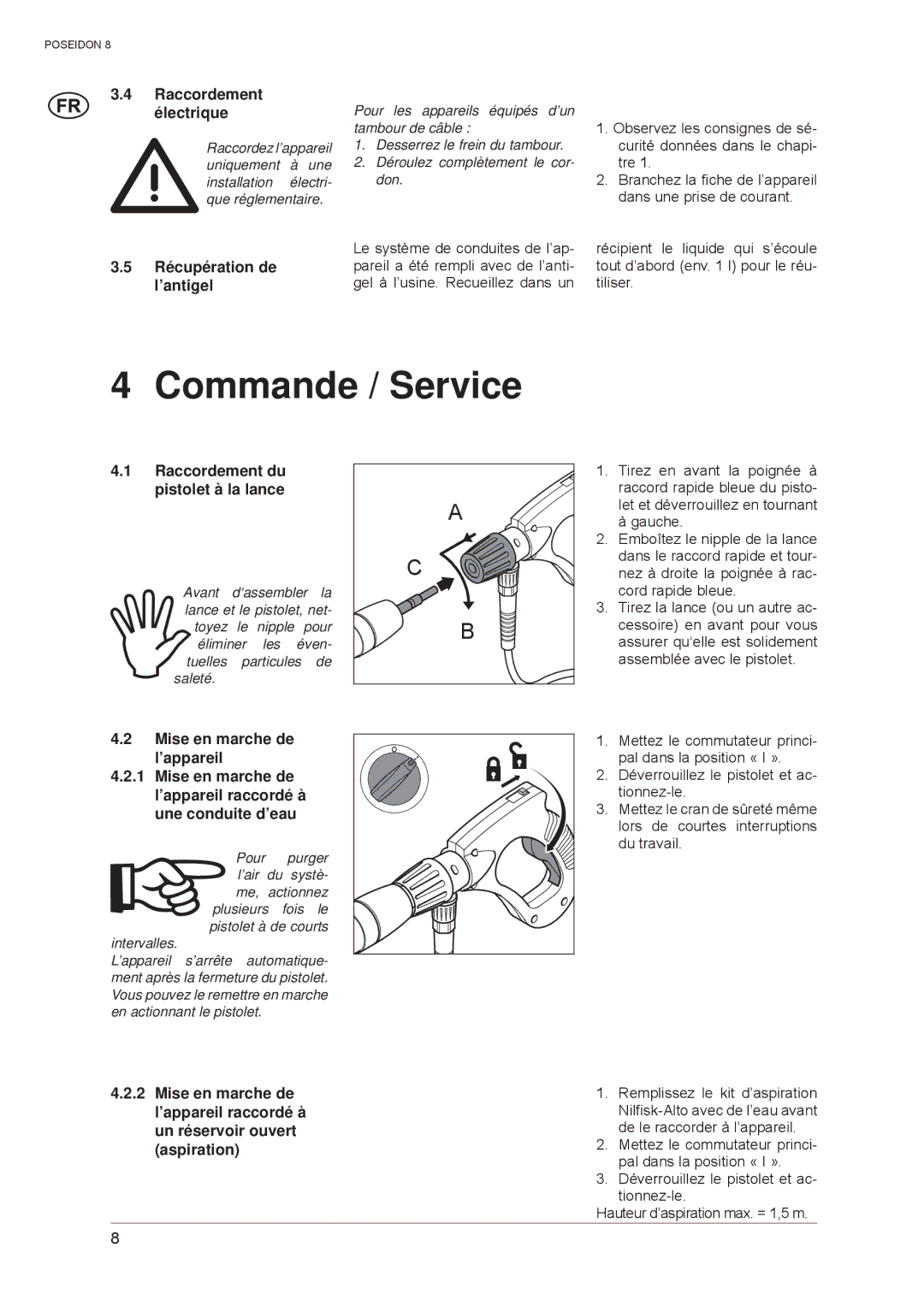 Nilfisk-ALTO POSEIDON 8 manual Commande / Service, Raccordement électrique, Récupération de l’antigel 