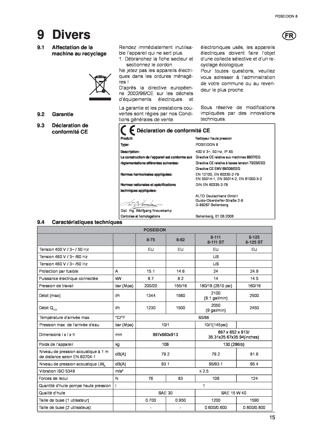 Nilfisk-ALTO POSEIDON 8 manual Divers, 9.1Affectation de la machine au recyclage, Garantie, Déclaration de, conformité CE 