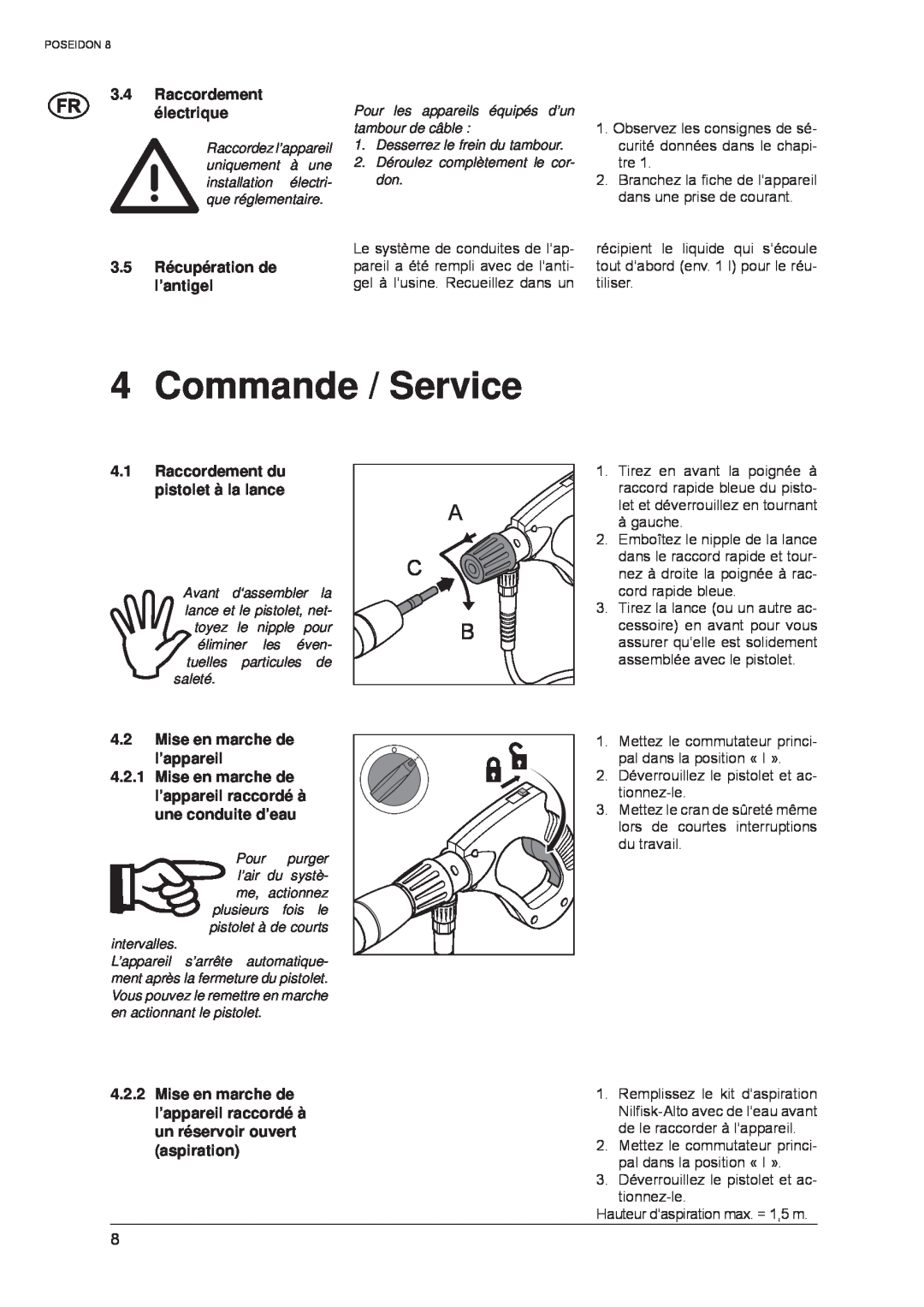 Nilfisk-ALTO POSEIDON 8 manual Commande / Service, 3.4Raccordement électrique, 3.5Récupération de l’antigel 