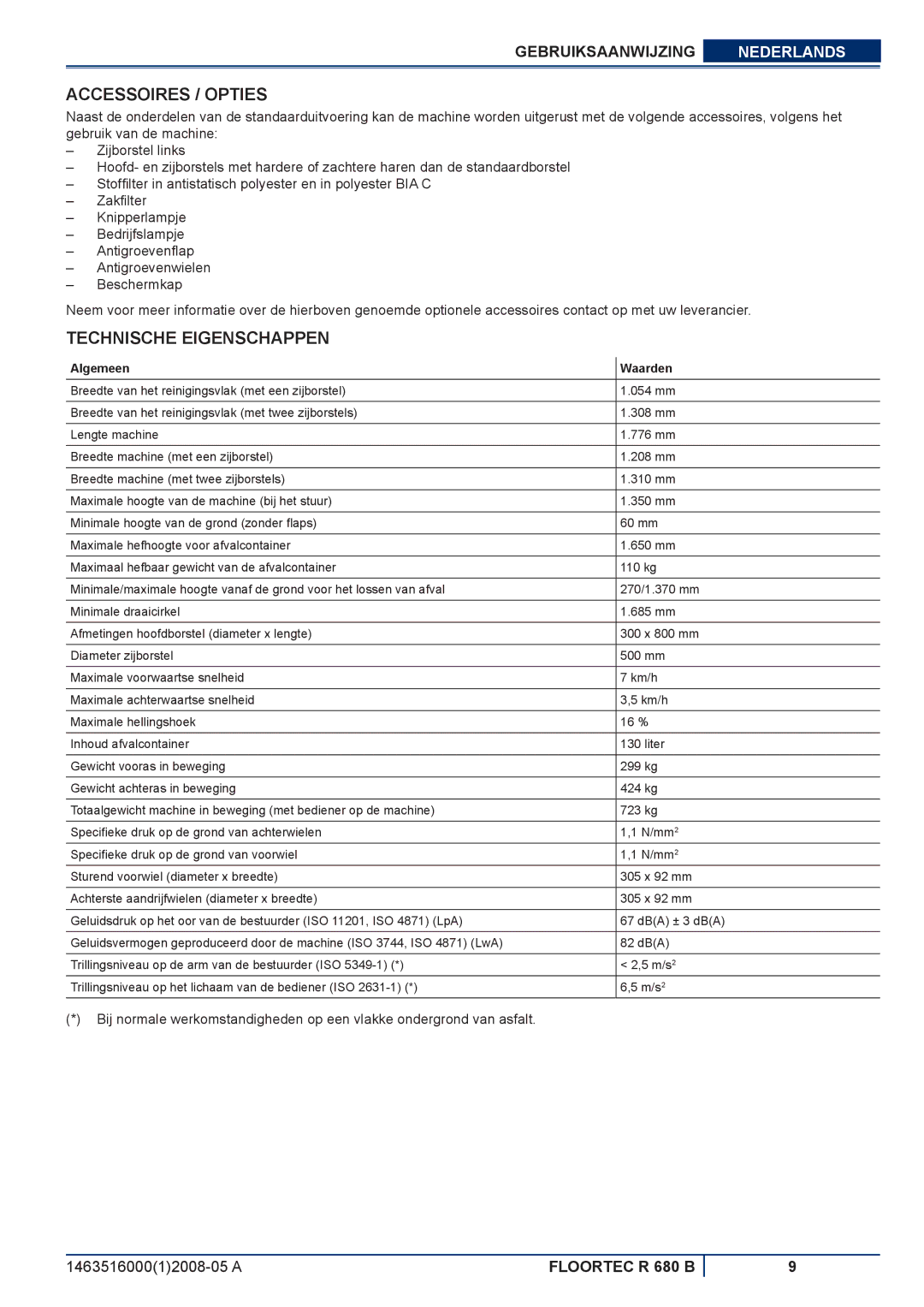 Nilfisk-ALTO R 680 B manuel dutilisation Accessoires / Opties, Technische Eigenschappen, Algemeen Waarden 