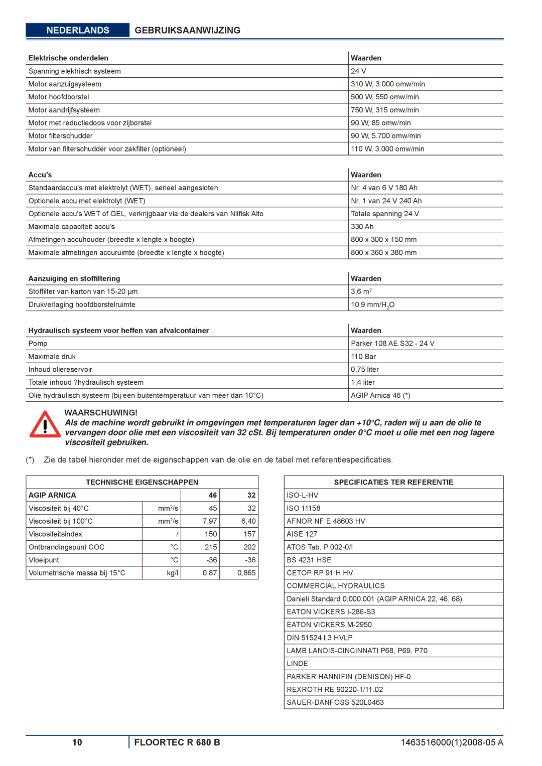 Nilfisk-ALTO R 680 B manuel dutilisation Elektrische onderdelen Waarden, Accu’s Waarden, Aanzuiging en stofﬁltering Waarden 