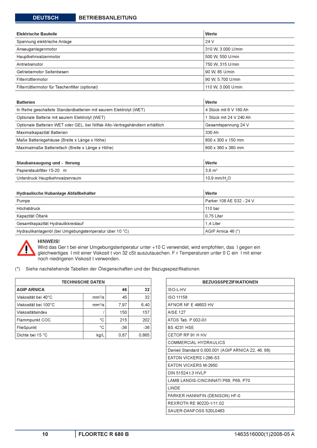 Nilfisk-ALTO R 680 B manuel dutilisation Elektrische Bauteile Werte, Batterien Werte, Staubansaugung und -ﬁlterung Werte 