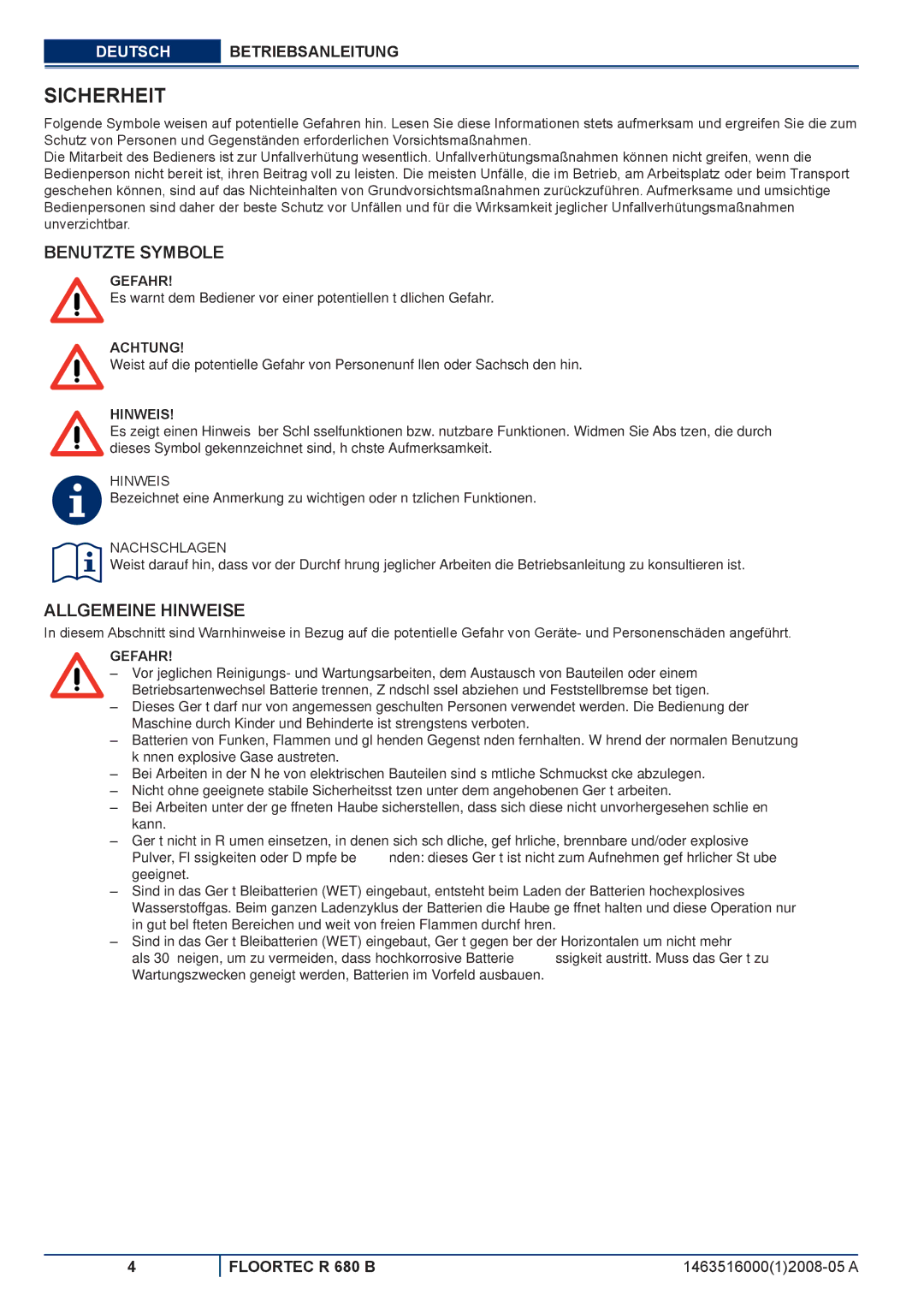 Nilfisk-ALTO R 680 B manuel dutilisation Sicherheit, Benutzte Symbole, Allgemeine Hinweise 