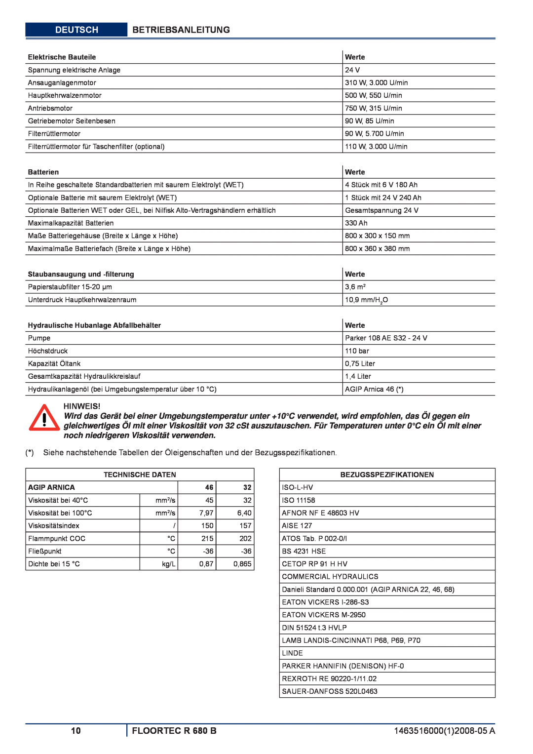 Nilfisk-ALTO manuel dutilisation Deutsch, Betriebsanleitung, FLOORTEC R 680 B, Hinweis 