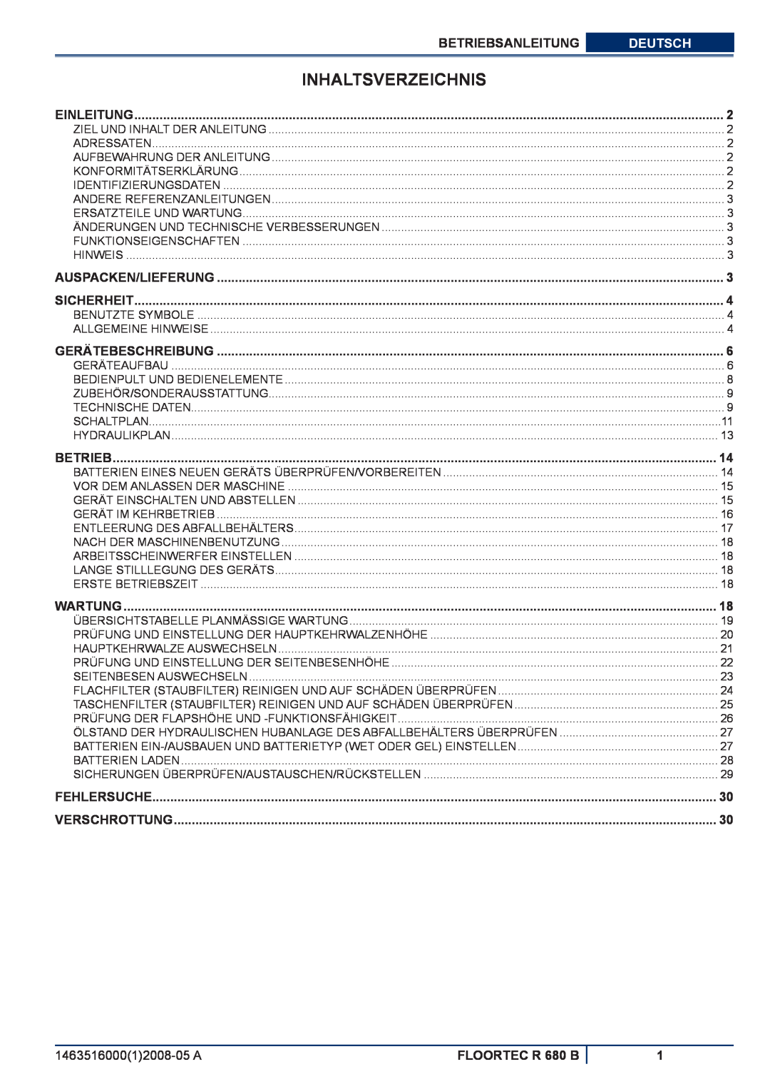 Nilfisk-ALTO manuel dutilisation Inhaltsverzeichnis, Betriebsanleitung, Deutsch, FLOORTEC R 680 B 