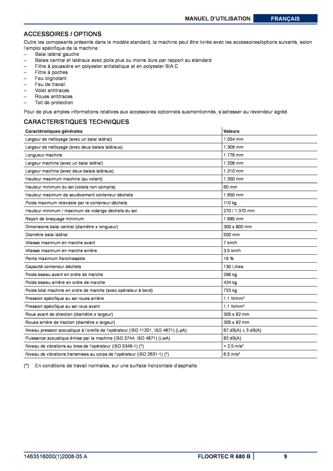Nilfisk-ALTO Accessoires / Options, Caracteristiques Techniques, Manuel D’Utilisation, Français, FLOORTEC R 680 B 
