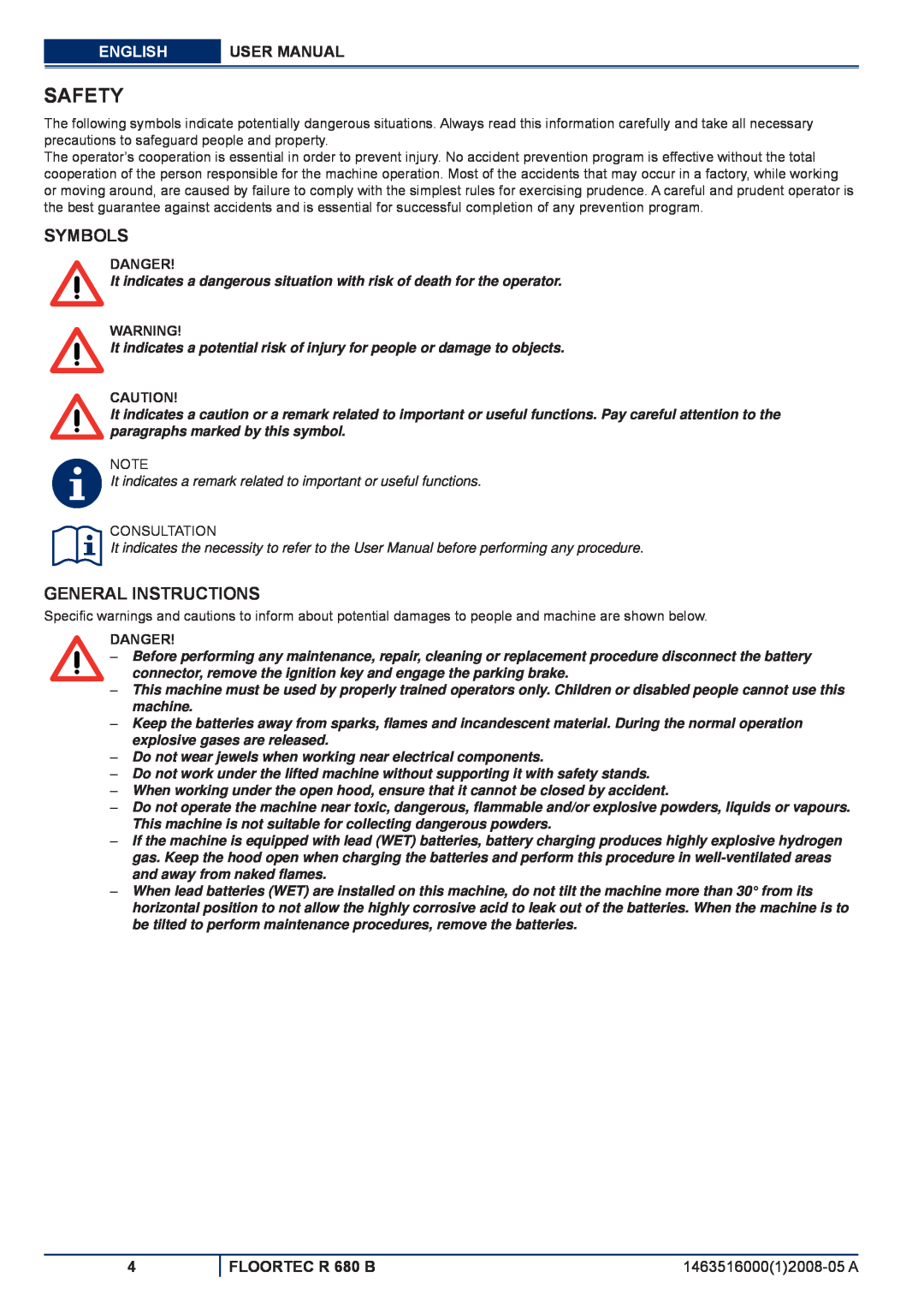 Nilfisk-ALTO manuel dutilisation Safety, Symbols, General Instructions, English, User Manual, FLOORTEC R 680 B, Danger 
