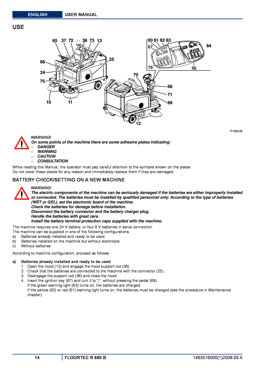 Nilfisk-ALTO R 680 B Battery Check/Setting On A New Machine, English, User Manual, 65 37 72 36 73, 60 61 62 6764, 70 68 