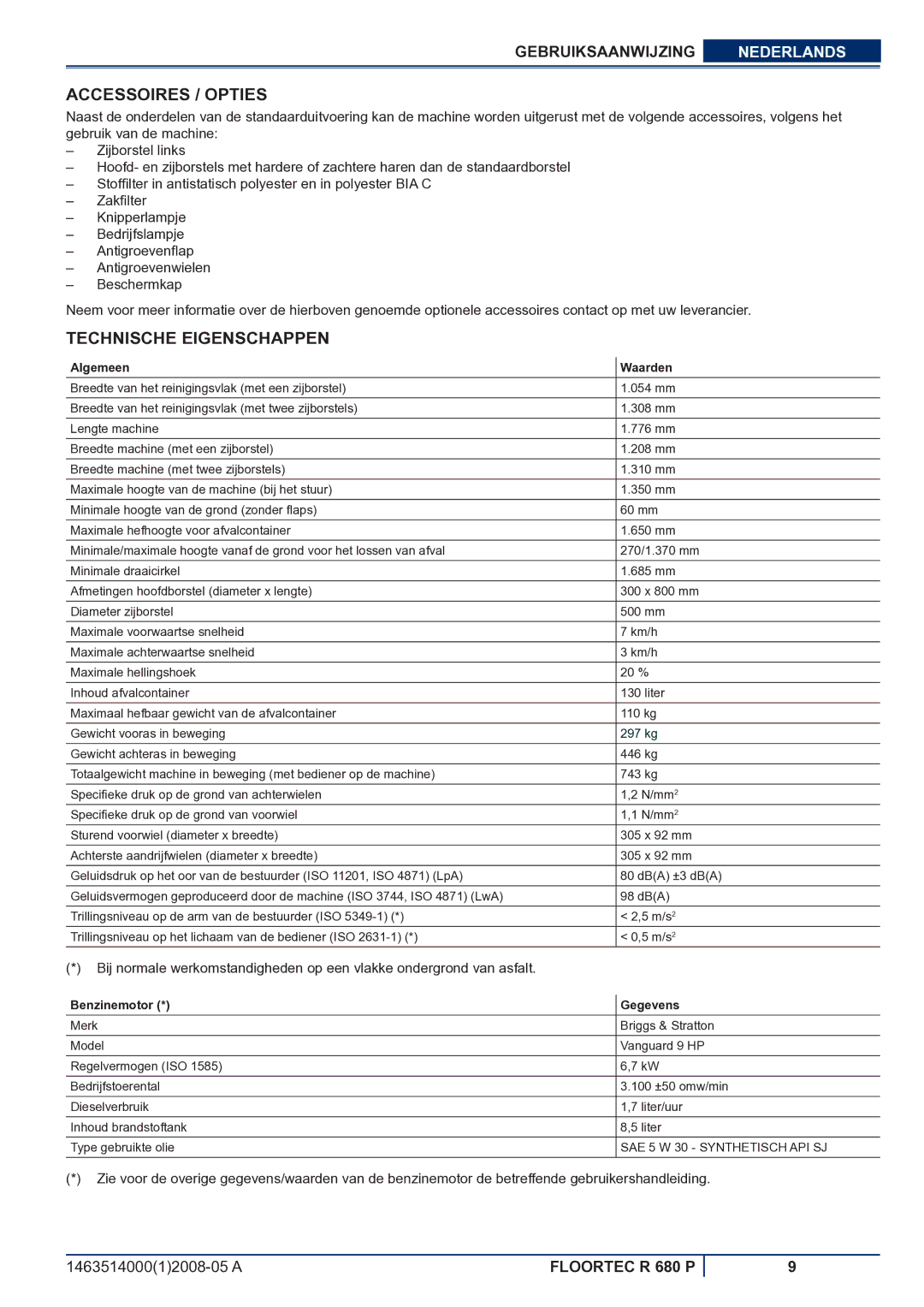 Nilfisk-ALTO R 680 P Accessoires / Opties, Technische Eigenschappen, Algemeen Waarden, Benzinemotor Gegevens 