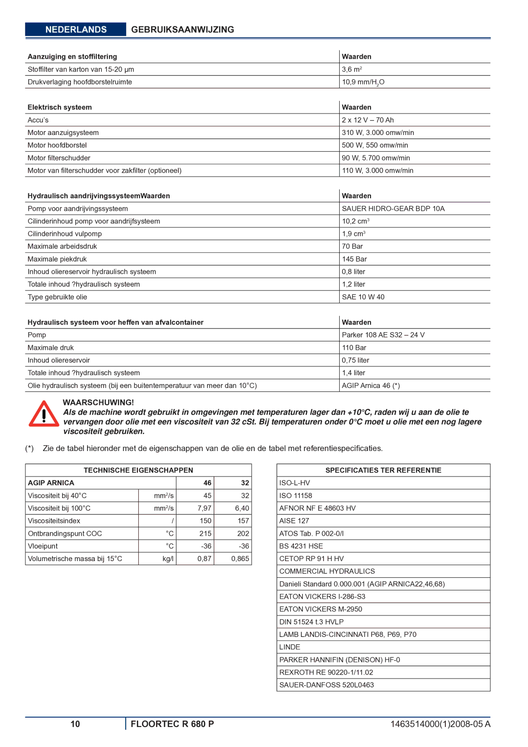 Nilfisk-ALTO R 680 P manuel dutilisation Aanzuiging en stofﬁltering Waarden, Elektrisch systeem Waarden 