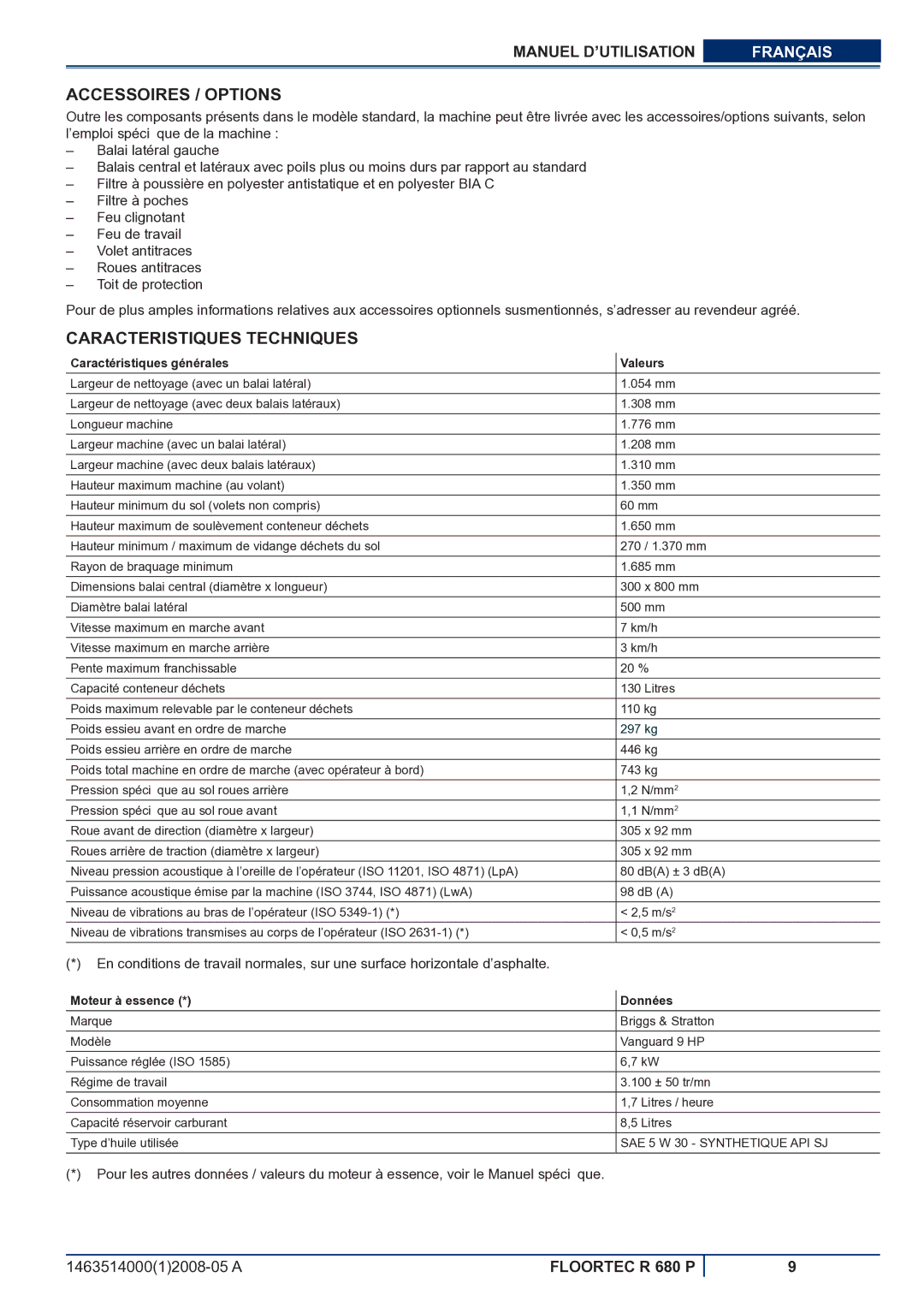 Nilfisk-ALTO R 680 P Accessoires / Options, Caracteristiques Techniques, Caractéristiques générales Valeurs 