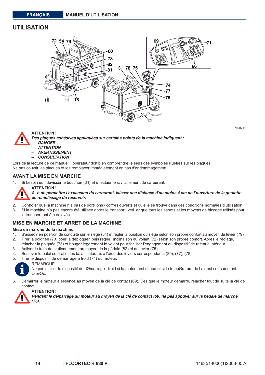 Nilfisk-ALTO R 680 P manuel dutilisation Utilisation, Avant LA Mise EN Marche, Mise EN Marche ET Arret DE LA Machine 