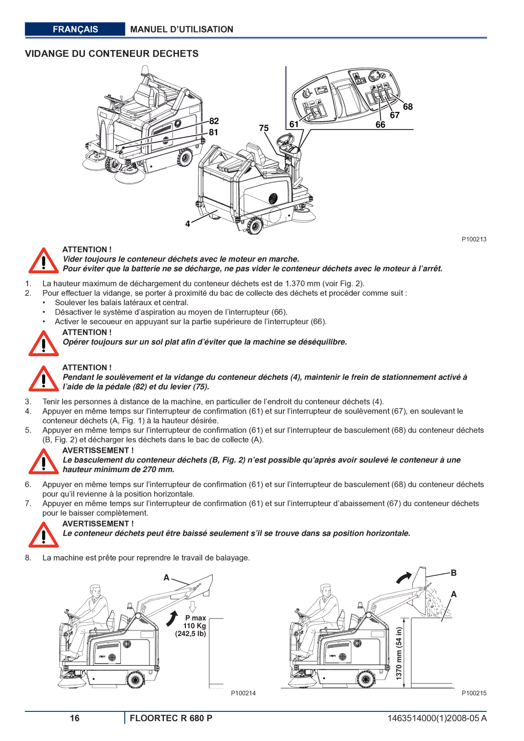 Nilfisk-ALTO R 680 P manuel dutilisation Vidange DU Conteneur Dechets, Max 110 Kg 242,5 lb 