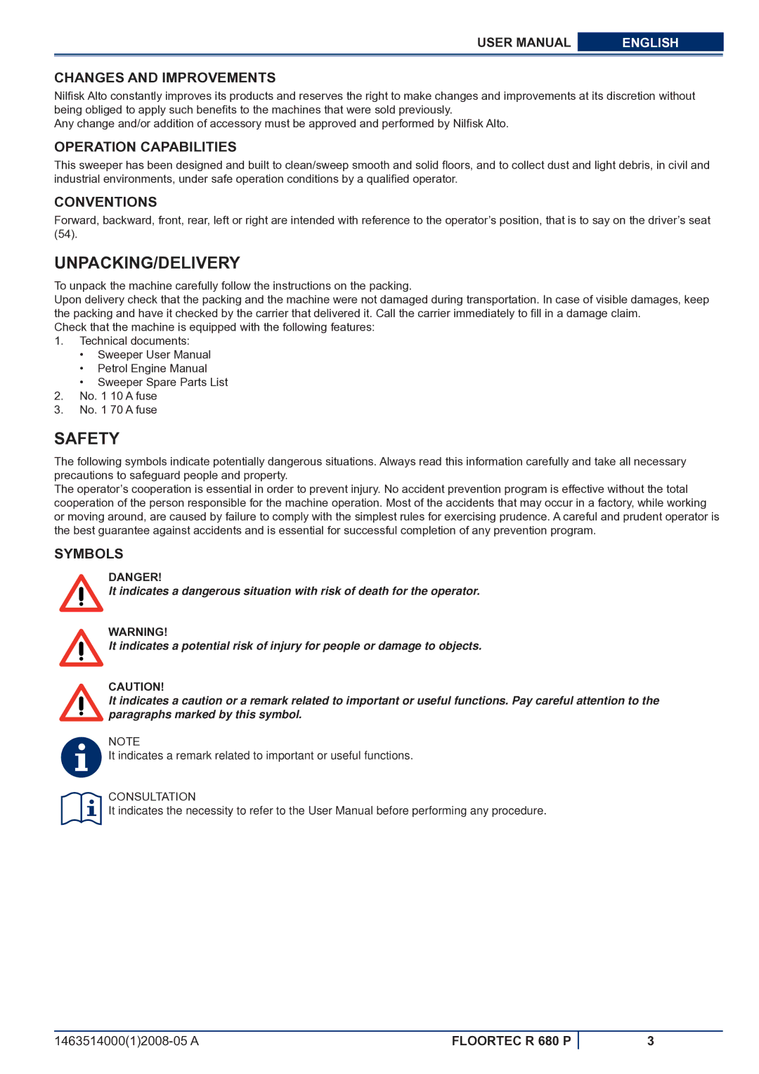 Nilfisk-ALTO R 680 P Unpacking/Delivery, Safety, Changes and Improvements, Operation Capabilities, Symbols 