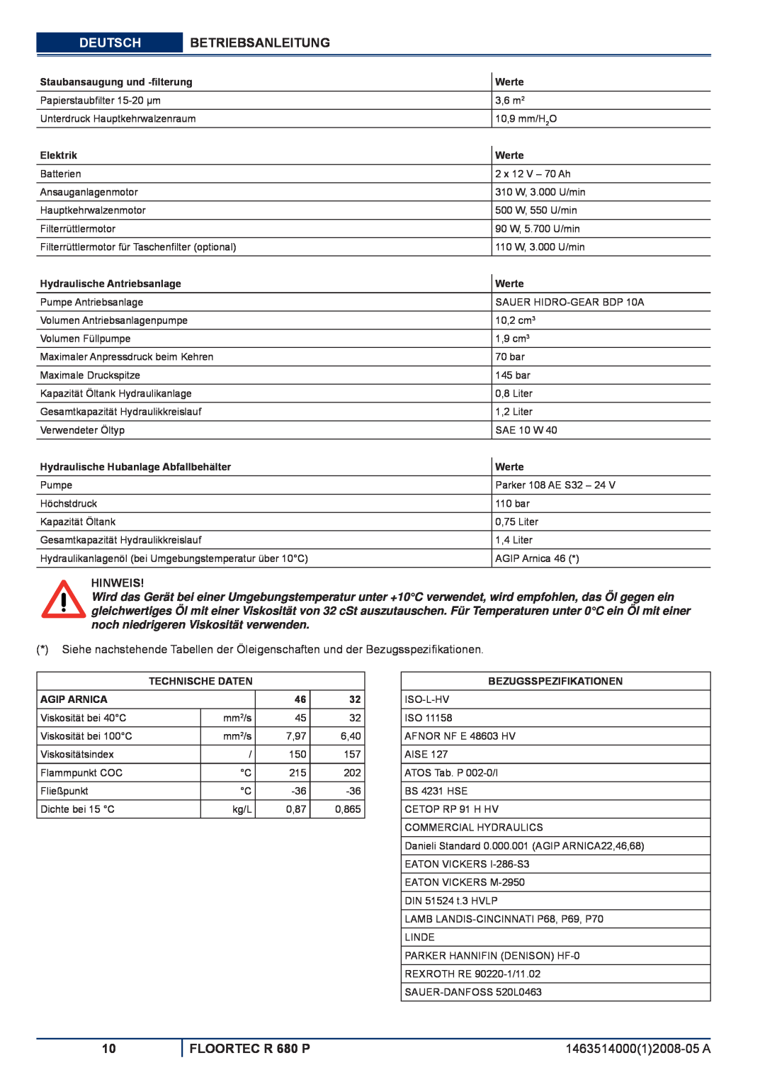 Nilfisk-ALTO manuel dutilisation Deutsch, Betriebsanleitung, FLOORTEC R 680 P, Hinweis 
