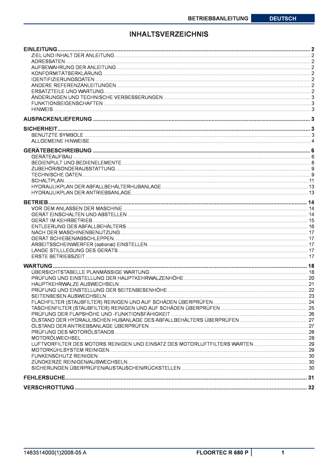 Nilfisk-ALTO manuel dutilisation Inhaltsverzeichnis, Betriebsanleitung, Deutsch, FLOORTEC R 680 P 