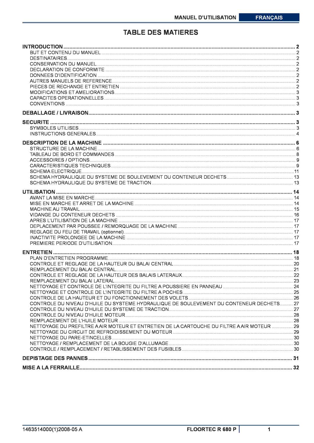 Nilfisk-ALTO Table Des Matieres, Manuel D’Utilisation, Français, FLOORTEC R 680 P, Introduction, Deballage / Livraison 